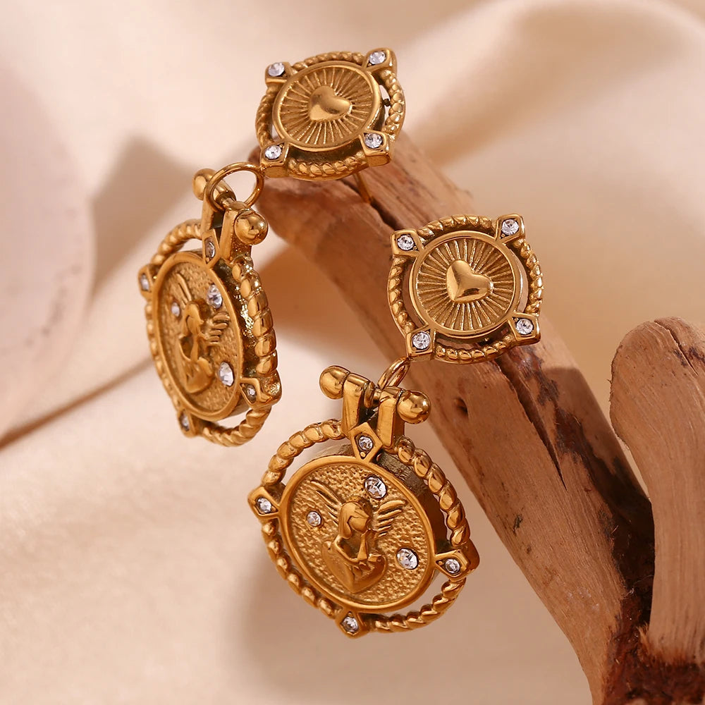 Heart Key Coin Drop Earrings