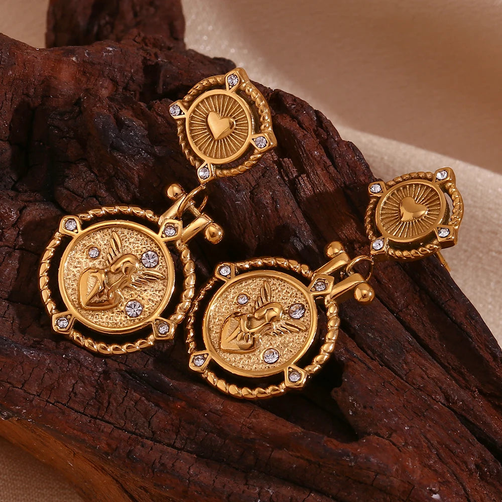 Heart Key Coin Drop Earrings