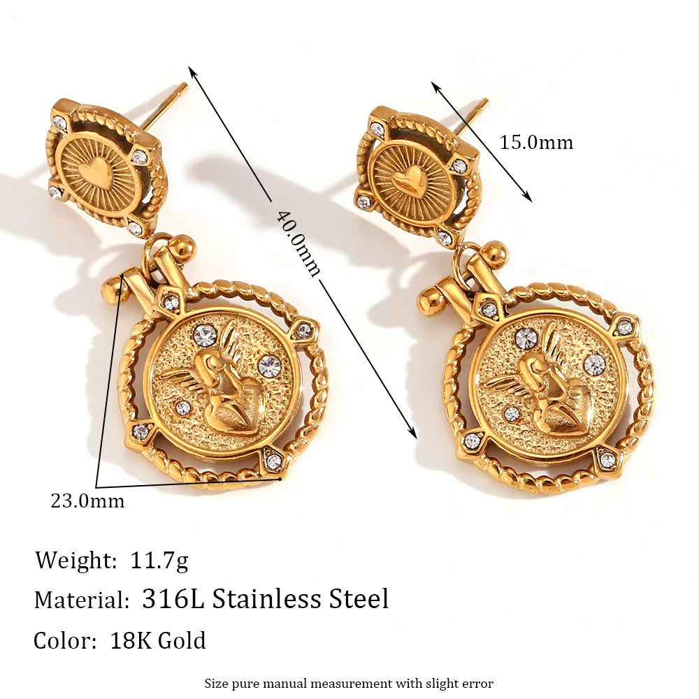 Heart Key Coin Drop Earrings