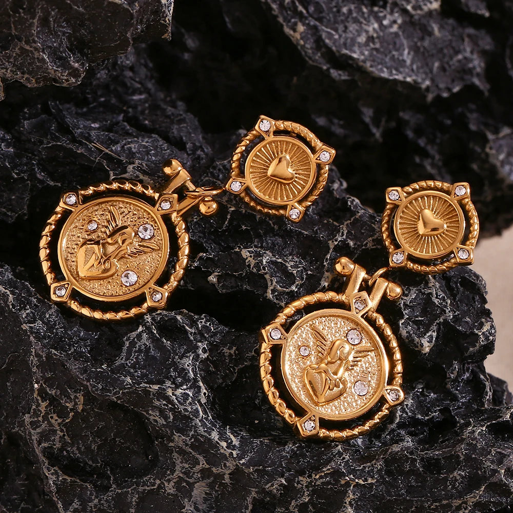 Heart Key Coin Drop Earrings